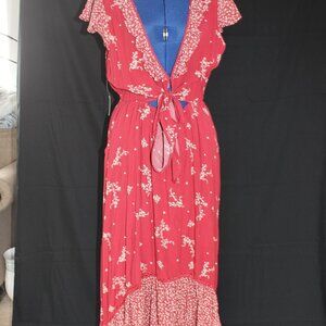 Women's Beyond The Radar Size L Red Floral Cap Sleeve Hi-Low Ruffle Maxi Dress